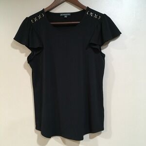 Adrianna Papell Black Flutter Sleeve Top Gold Ring Detail Womens S Classic Work